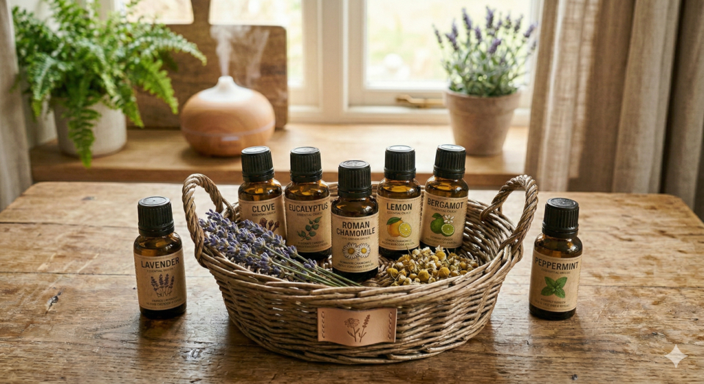 Cesta de vime sobre mesa de madeira contendo sete frascos de óleos essenciais de vidro âmbar com rótulos botânicos, decorada com flores de lavanda e camomila seca, com um difusor ligado ao fundo.