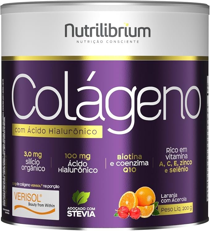 Lata roxa de colágeno Nutrilibrium com ácido hialurônico